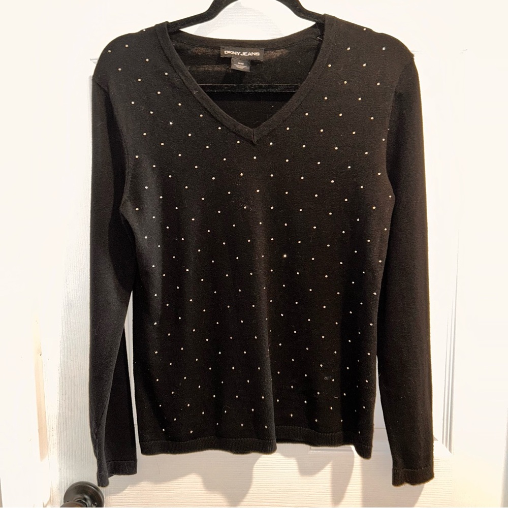 DKNY Women’s Long Sleeve Pullover V Neck Top Black Rhinestones Size Medium